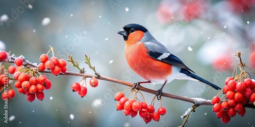 Bullfinch perched on snowy branch with ashberries painting photo