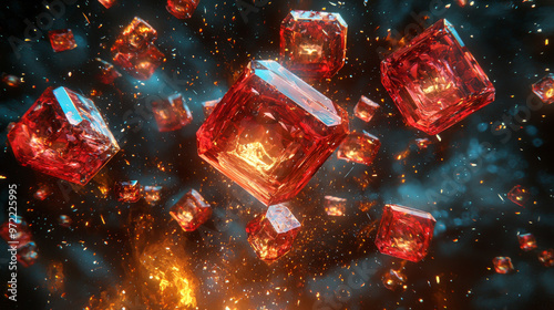 Glowing red crystals float in a dark space.