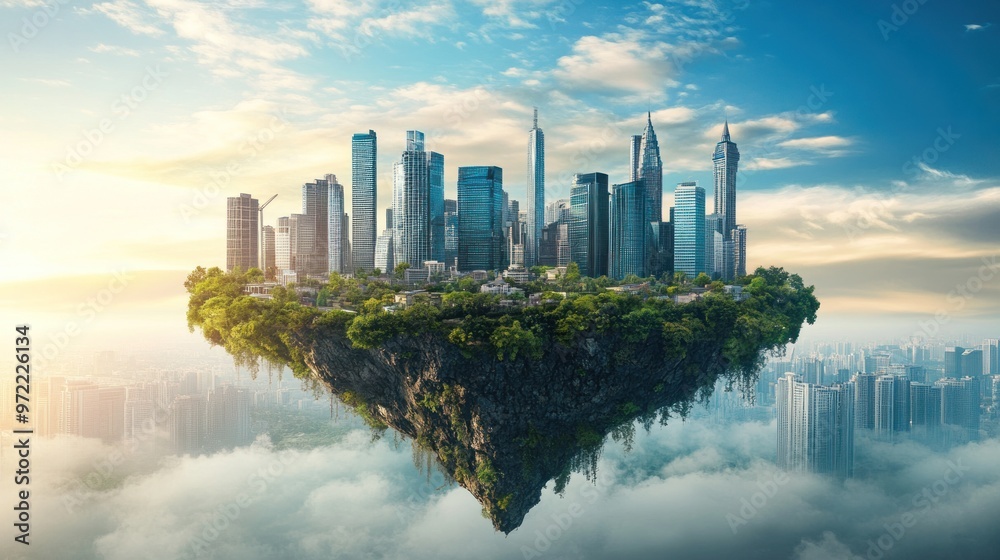 Fototapeta premium A floating cityscape surrounded by greenery and clouds, showcasing futuristic architecture.