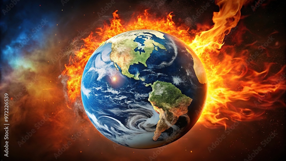 Burning earth in fire depicting global warming catastrophe