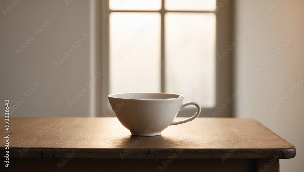 A single white coffee cup on a plain wooden table with soft morning light streaming in from the window, creating a minimalist, calm atmosphere A single white coffee cup on a plain wooden table with soft morning light streaming in from the window, creating a minimalist, calm atmosphere