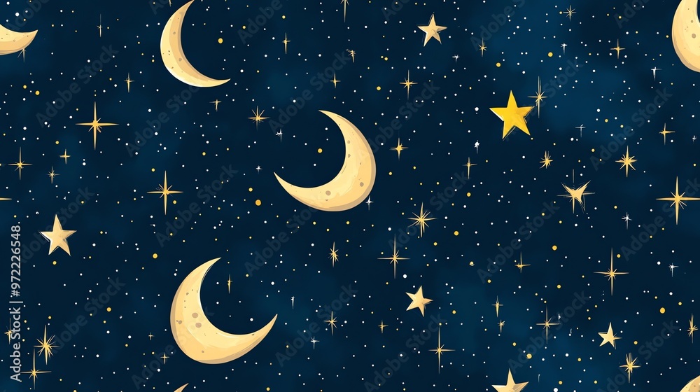 Naklejka premium Seamless pattern of crescent moons and gold stars on a dark blue background.