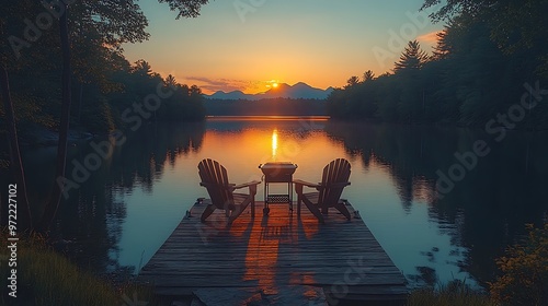 A peaceful evening BBQ scene on a lakeside dock, with Adirondack chairs, a small grill, and a glowing sunset reflecting off the lake, surrounded by trees and distant mountains under a clear sky.