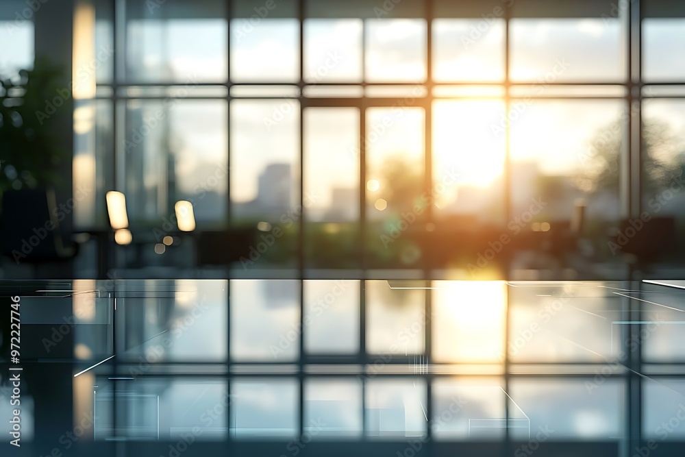 Contemporary office with a glass table, high-tech surroundings, and morning sunlight streaming in. Contemporary office with a glass table, high-tech surroundings, and morning sunlight streaming in.