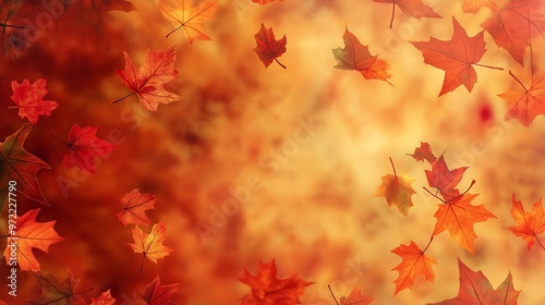 Red and orange maple leaves falling on a blurry autumn background.