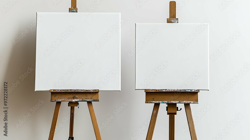 Two Blank Canvases on Wooden Easels Against a White Wall Two Blank Canvases on Wooden Easels Against a White Wall