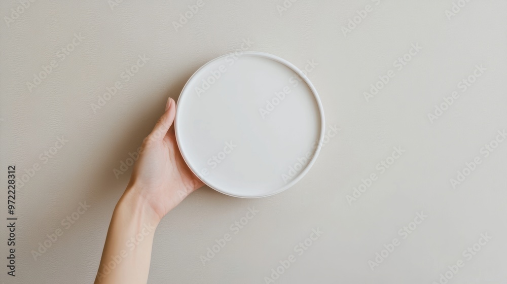 A hand holding a simple white plate against a light background. A hand holding a simple white plate against a light background.