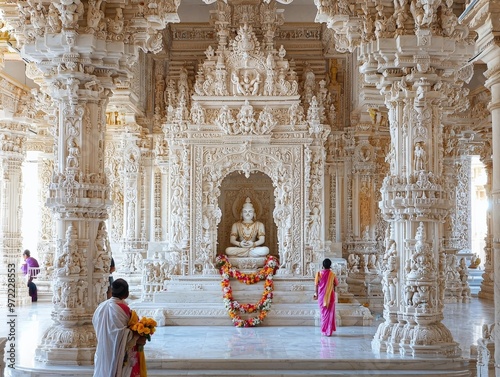 A peaceful Jain temple with intricately carved marble, devotees offering prayers and flowers, reflecting the principles of non-violence and spiritual purity photo