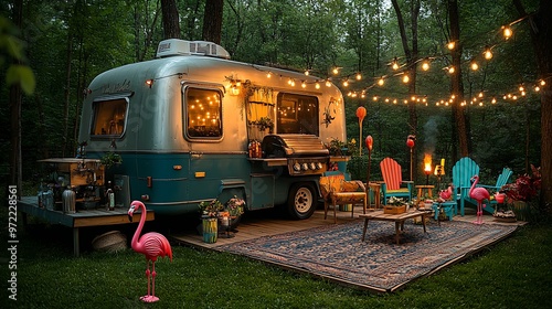 A playful BBQ setup with a vintage trailer as the centerpiece, retro grill, colorful string lights, and quirky outdoor decor like tiki torches, flamingo statues, and vibrant lawn furniture,