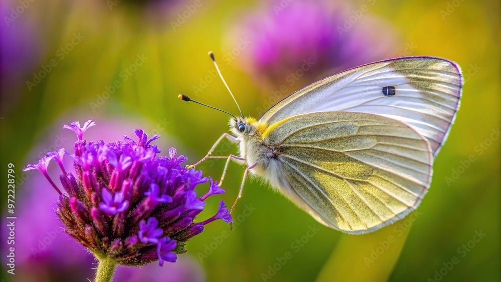 Cabbage white butterfly resting on purple flower in wetlands fisheye Cabbage white butterfly resting on purple flower in wetlands fisheye