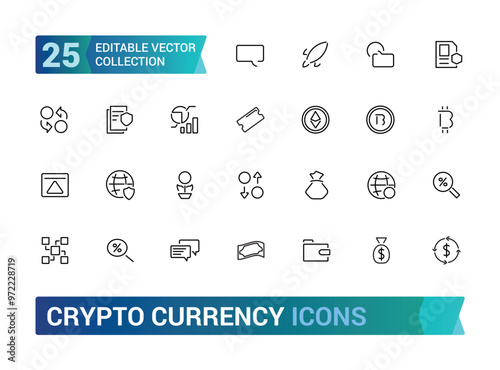 Crypto currency blockchain icons collections, isolated on outline icons set, Bitcoin, Dash, Dogecoin, Ethereum, Monero, Ripple and more, Linear icon collection. Editable stroke.