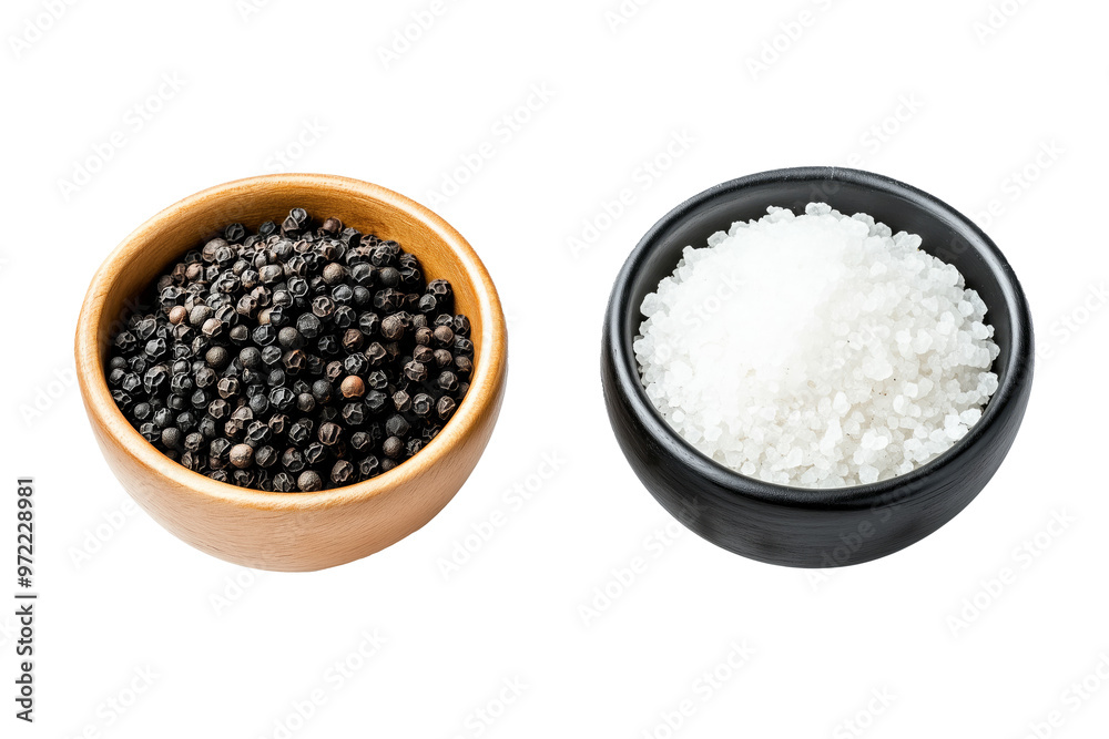 Two bowl filled with white salt and black pepper isolated on a white transparent background, representing seasoning concepts Two bowl filled with white salt and black pepper isolated on a white transparent background, representing seasoning concepts