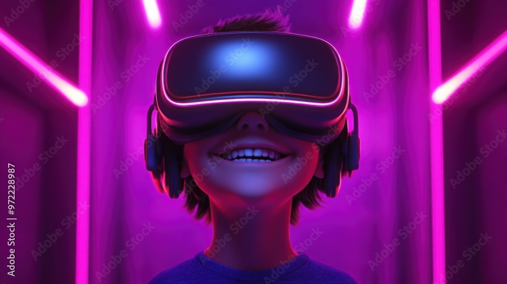A cheerful boy enjoys an exciting virtual reality experience in a modern room filled with vibrant neon lighting and a fun, 3d cartoon character A cheerful boy enjoys an exciting virtual reality experience in a modern room filled with vibrant neon lighting and a fun, 3d cartoon character