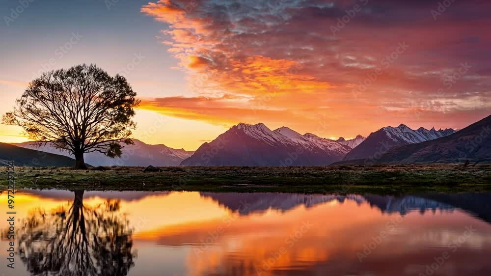 landscape of a lone tree reflected in calm waters as the sun sets behind distant mountains. landscape of a lone tree reflected in calm waters as the sun sets behind distant mountains.