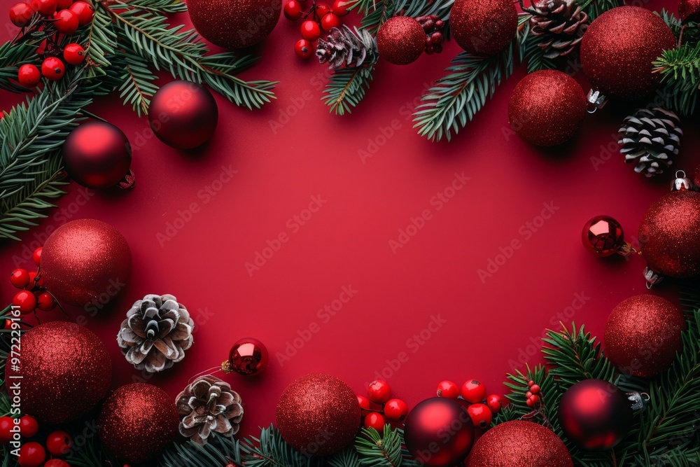 Red Christmas ornaments and pine branches with a red background create a festive holiday frame for seasonal designs or greetings. Red Christmas ornaments and pine branches with a red background create a festive holiday frame for seasonal designs or greetings.