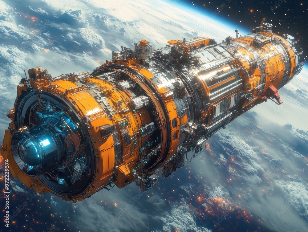 Futuristic spacecraft design orbiting Earth in a sci-fi setting. Futuristic spacecraft design orbiting Earth in a sci-fi setting.
