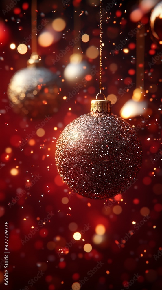 falling golden and silver glittering Christmas bauble, confetti flying around falling golden and silver glittering Christmas bauble, confetti flying around