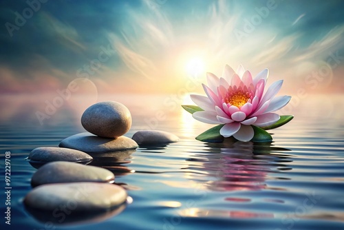 Calming background with water stones and lotus flower copy space