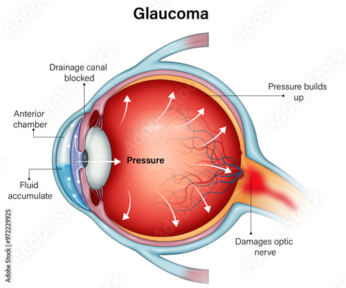 "Detailed Vector Illustration of Glaucoma Eye Pathology: Cornea, Iris, Ciliary Body, and Optic
Nerve with Anatomical Labels