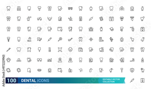 Dental editable stroke outline Icons set. Dentist, care, disease, teeth whitening, removal, broken, root canal, tooth filling and wisdom teeth. Linear icon collection. Vector illustration