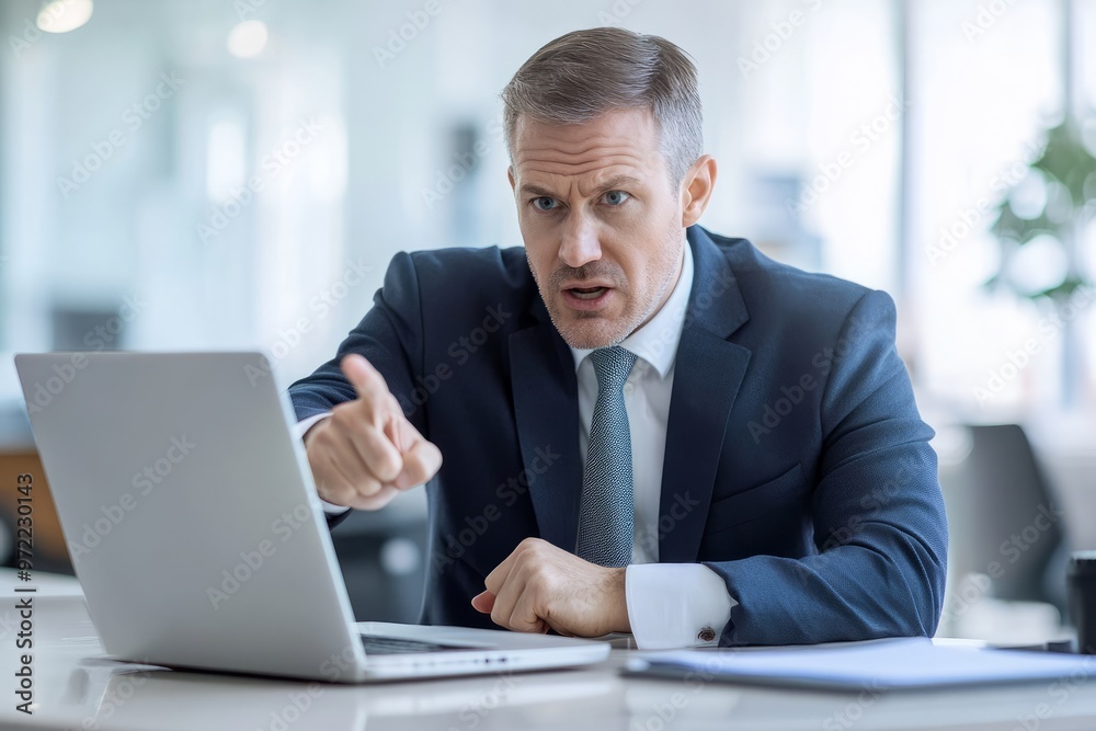 Businessman pointing at laptop screen during a heated discussion Businessman pointing at laptop screen during a heated discussion