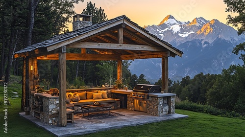A rustic BBQ retreat in the mountains, with a wooden pergola, stone grill, and cozy seating, surrounded by tall trees and a clear view of snow-capped peaks in the distance,