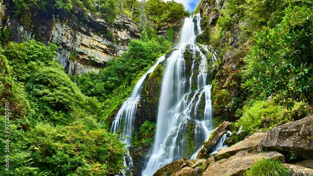 picture of a waterfall tumbling down a rocky cliff and encircled by a vivid green forest. picture of a waterfall tumbling down a rocky cliff and encircled by a vivid green forest.