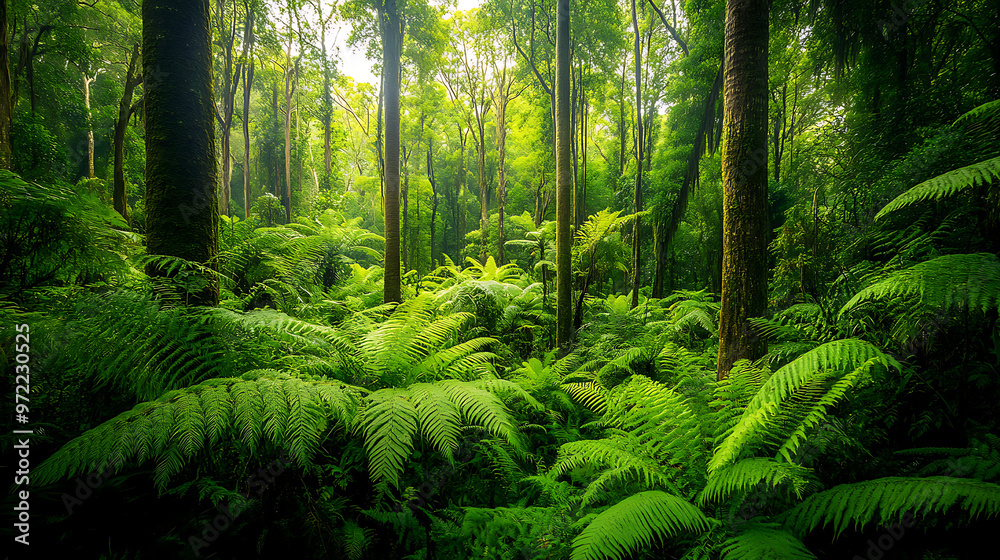A lush Australian rainforest featuring ferns, towering trees, and thick vegetation thriving in the humid environment A lush Australian rainforest featuring ferns, towering trees, and thick vegetation thriving in the humid environment