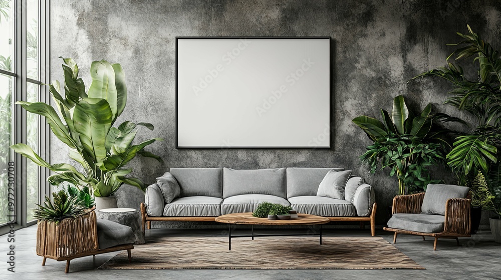 Modern Living Room with Grey Sofa, Plants, and a Blank Canvas Modern Living Room with Grey Sofa, Plants, and a Blank Canvas