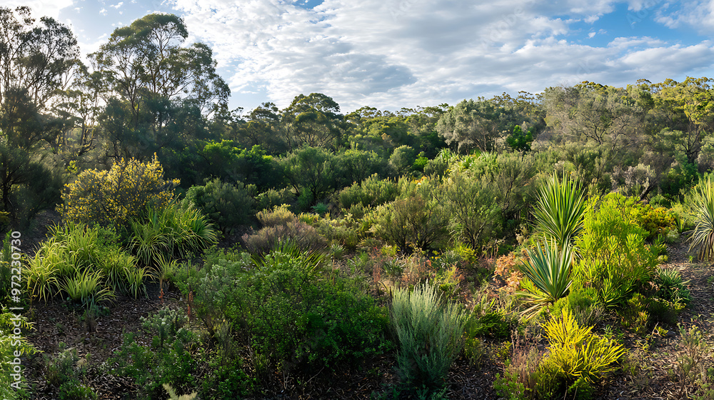 A panoramic view of an Australian bushland with dense shrubbery and a variety of native plants A panoramic view of an Australian bushland with dense shrubbery and a variety of native plants