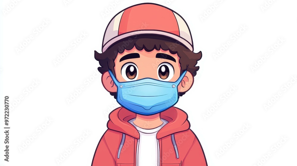 This playful illustration depicts a cartoon character wearing a protective face mask, set against a clean backdrop. This playful illustration depicts a cartoon character wearing a protective face mask, set against a clean backdrop.