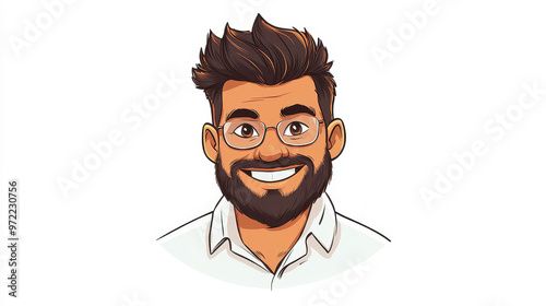 Cheerful cartoon man with a stylish haircut and beard, wearing glasses and a white shirt, set against a clean backdrop.