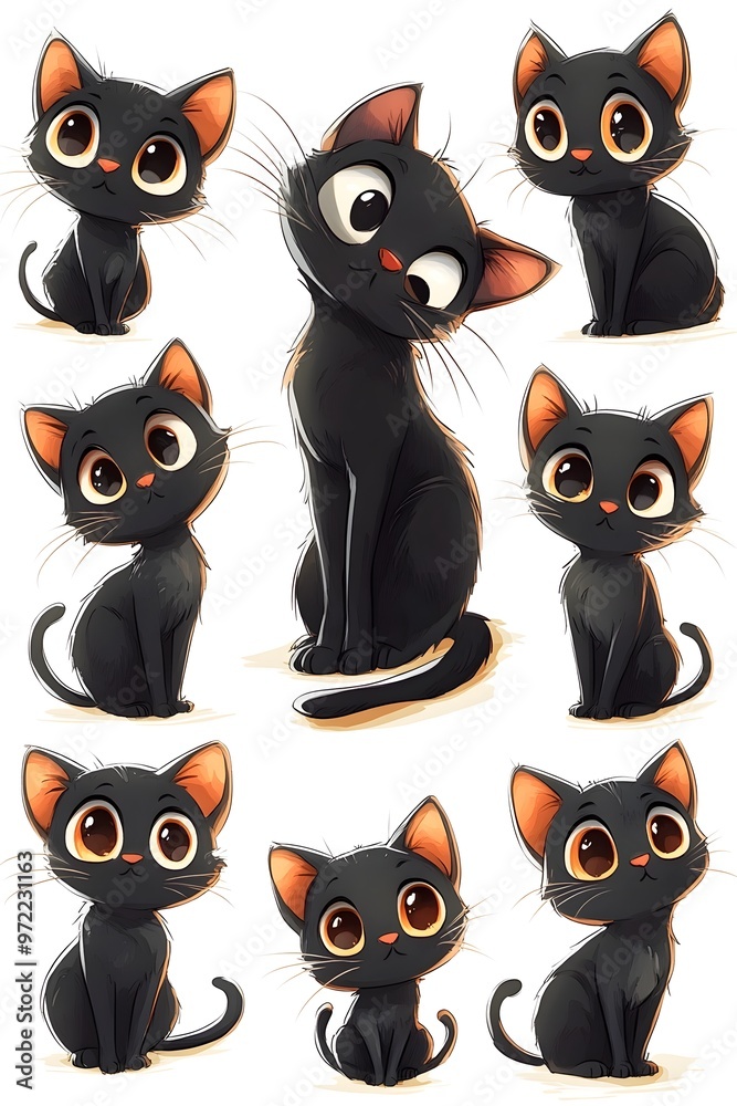 Adorable Chibi Black Cats with Expressive Faces and Playful Poses for Sticker Sheets and