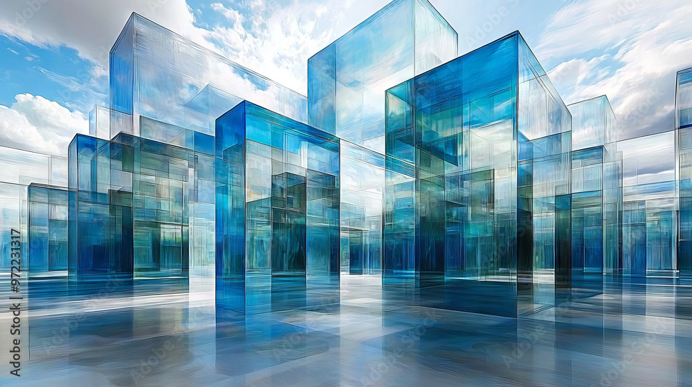 Abstract blue glass city skyline.