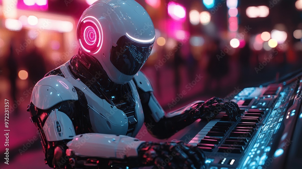 A futuristic robot playing a keyboard in a vibrant urban setting. A futuristic robot playing a keyboard in a vibrant urban setting.