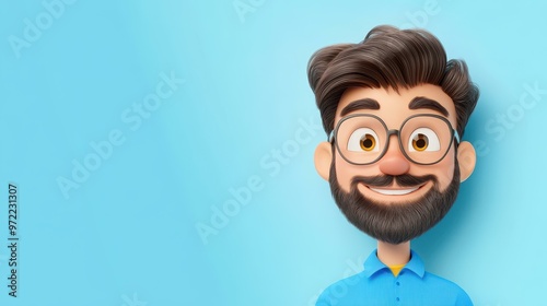 A cheerful cartoon man in a blue shirt and glasses beams with joy, showcasing a vibrant, happy demeanor in this 3D portrait.