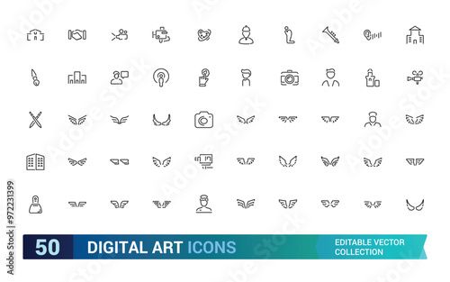 Digital Art outline icons collections, styles, examples, forms of art. Linear icon collection. Thin line editable stroke sign. Editable stroke. Vector illustration