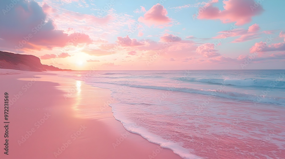 Captivating Sunset over Serene Pink Coastline with Clear Skies and Tranquil Waves Captivating Sunset over Serene Pink Coastline with Clear Skies and Tranquil Waves