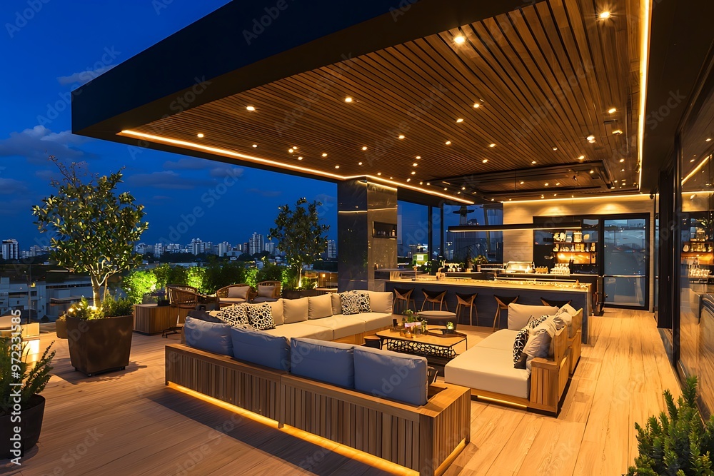Sleek rooftop lounge with subtle lighting and wooden design elements. Sleek rooftop lounge with subtle lighting and wooden design elements.