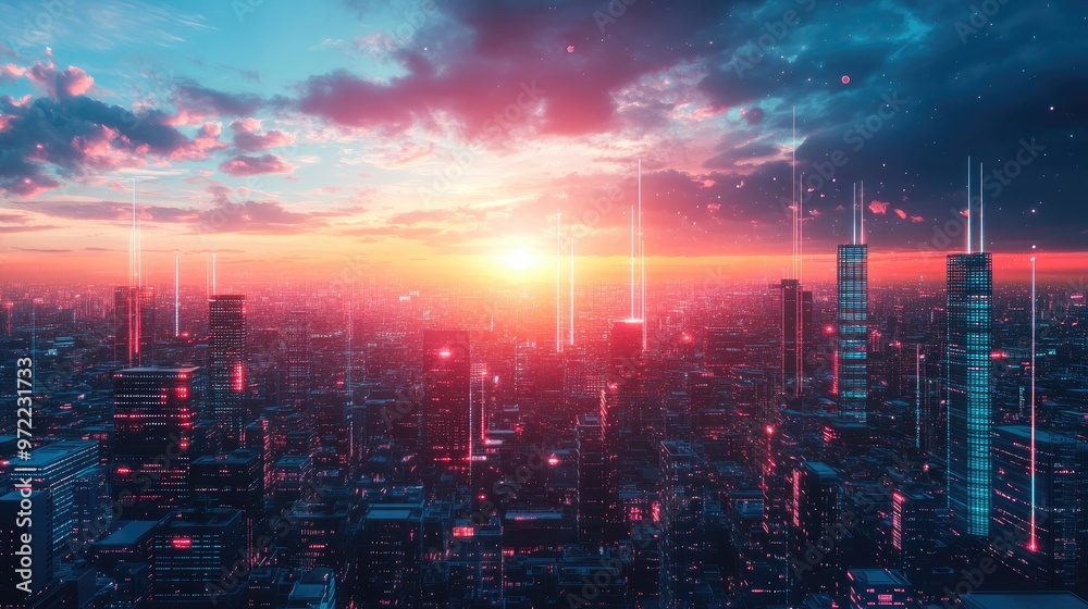 Fototapeta premium A futuristic cityscape at sunset, with neon lights and a glowing sky.