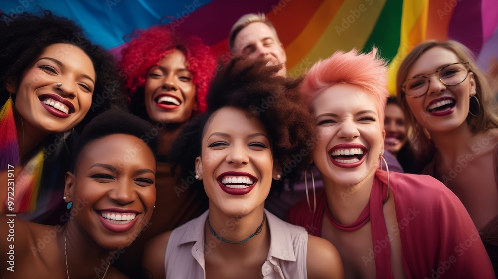 Obraz premium A cheerful LGBT activists of diverse gay people with colorful hair and makeup celebrate individuality and pride parade together.