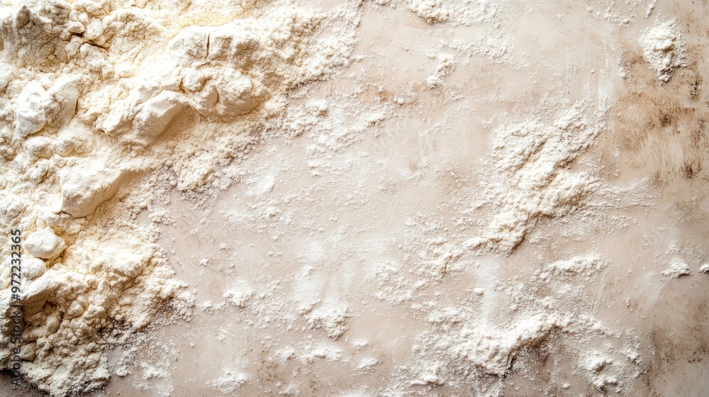 A surface covered with flour, likely for baking or cooking purposes. A surface covered with flour, likely for baking or cooking purposes.