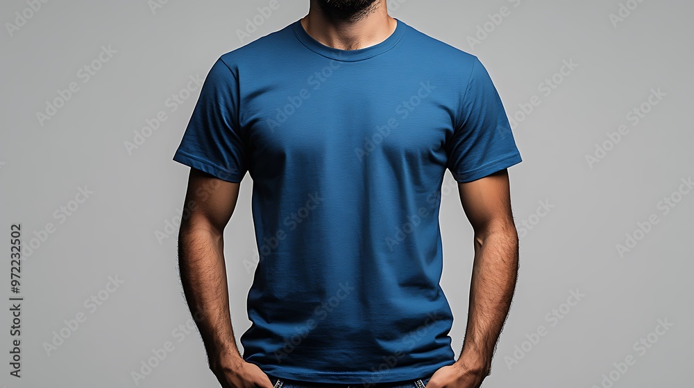 A model wearing a blue t-shirt against a neutral background.