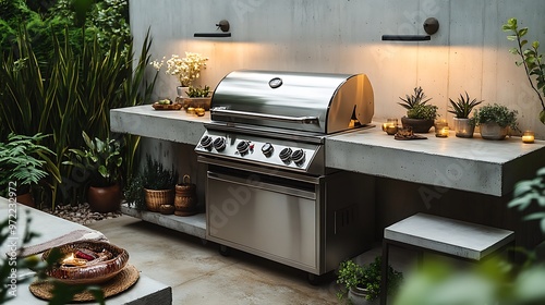 A sleek, modern BBQ area with a stainless steel grill, concrete countertops, and stylish seating, minimalist landscaping with clean lines, potted plants, and soft ambient lighting for an elegant,
