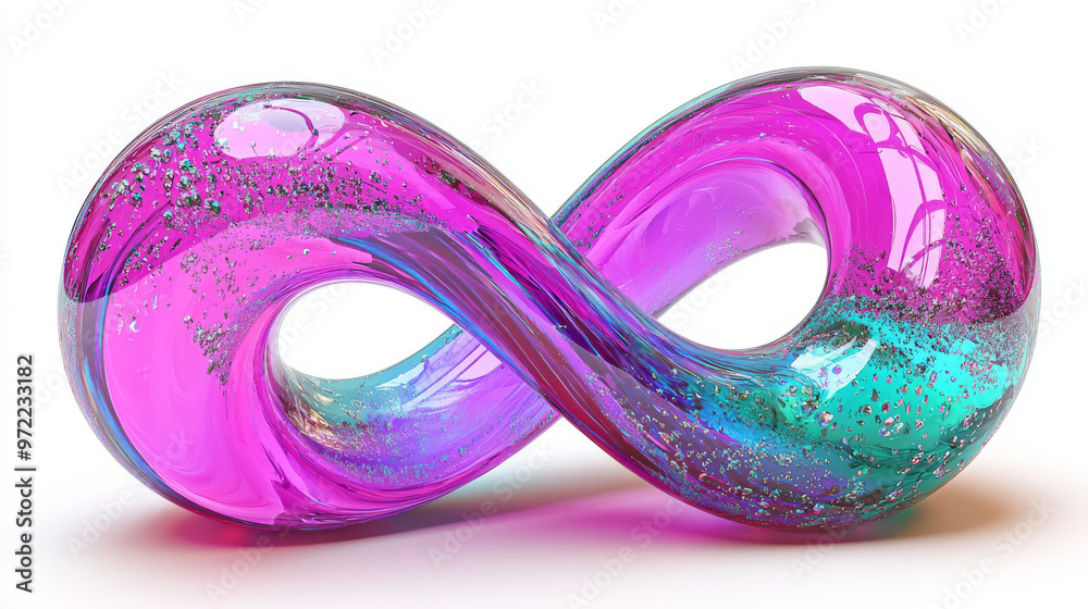 A glass infinity symbol with blue and pink iridescent colors. A glass infinity symbol with blue and pink iridescent colors.