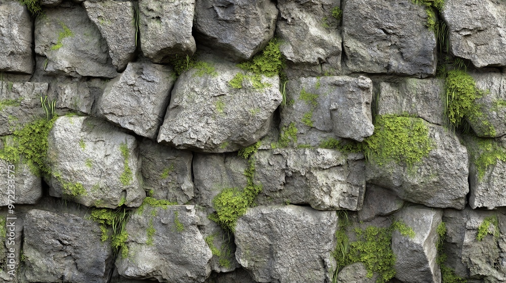 A mossy stone wall with rough, uneven textures. A mossy stone wall with rough, uneven textures.