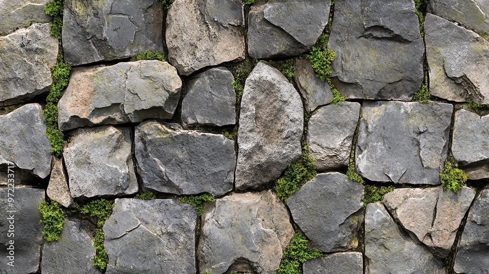 Obraz premium A close-up of a stone wall with moss growing in the cracks.