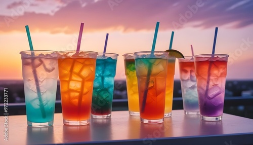 Assorted colorful iced drinks, served in clear plastic cups photo