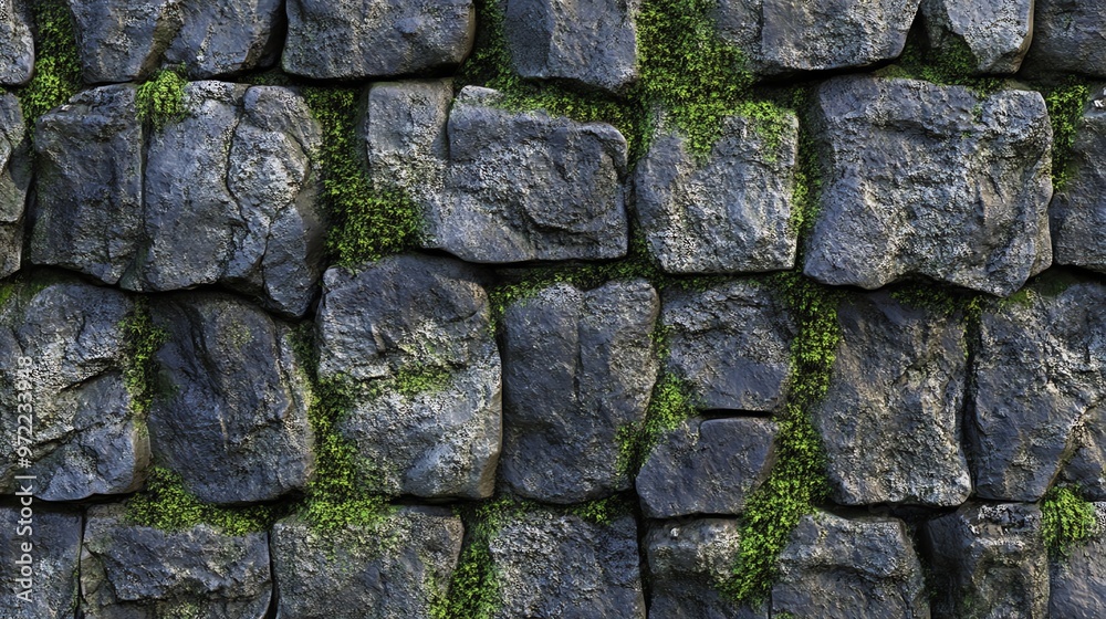 A close-up of a stone wall with moss growing on it. A close-up of a stone wall with moss growing on it.