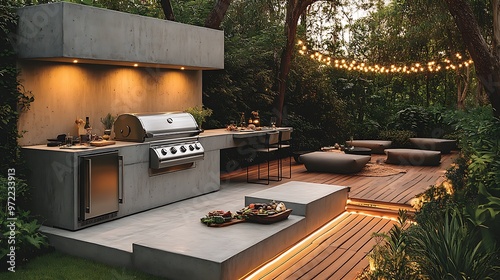 A stylish outdoor kitchen setup with a stainless steel grill, concrete counters, a refrigerator, and modern seating, featuring clean lines, elegant lighting, photo